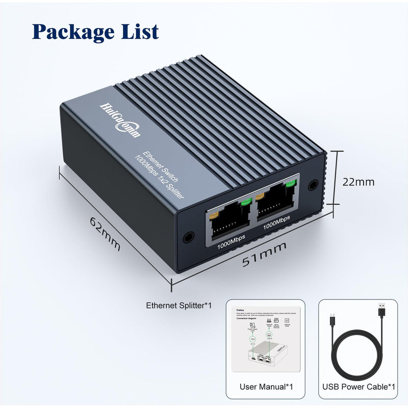 Gigabit Ethernet Splitter 1 to 2,1000Mbps High Speed Internet,RJ45,LAN,Cable,Cat5/6/7/8,Port Splitter 1 in 2 Out,Ethernet Network LAN Switch 2 Port