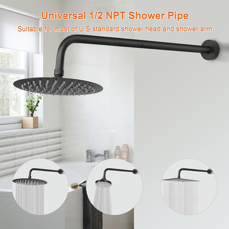 Shower Arm with Flange and Teflon Tape, Wall Mounted Shower Pipe 304 Stainless Steel Extension Arm for Fixed Shower Head & Handheld (20 Inch, Matte Black) 20 Inch