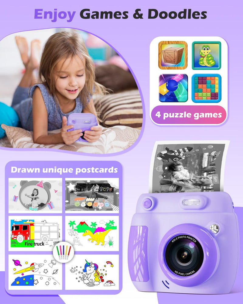 Kids Camera Instant Print, Christmas Birthday Gifts Toys for 3-10 Year Old Boys Girls, 1080P Video 20MP Toddler Digital Camera with 3 Rolls Paper & 32GB Card - Purple