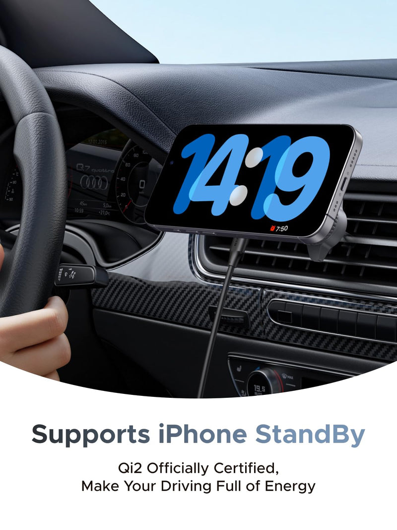 UGREEN 25W MagFlow Wireless Car Charger, MagSafe Qi2 Certified Fast Charging Cradle Mount for iPhone 17/16/15/14/13/12 Series, Air Vent Clip Secure Holder with USB-C Cable