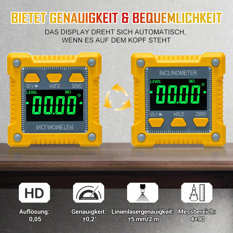 Digital Laser Protractor with Inclinometer Laser Level | 4-Sided Magnetic Adhesion, Dustproof, High Precision & Robust - for Construction, Crafts & Industry - Yellow