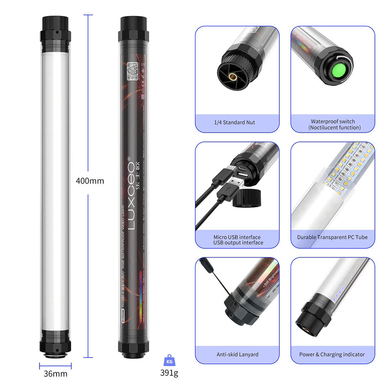 Handheld Photography Light Professional LED Video Light Wand 12 Lighting Mode, Stepless Dimming,CRI≥95 IP68 Waterproof with10400mAH Rechargeable Battery 3000k 5750k RGB Colorful Stick