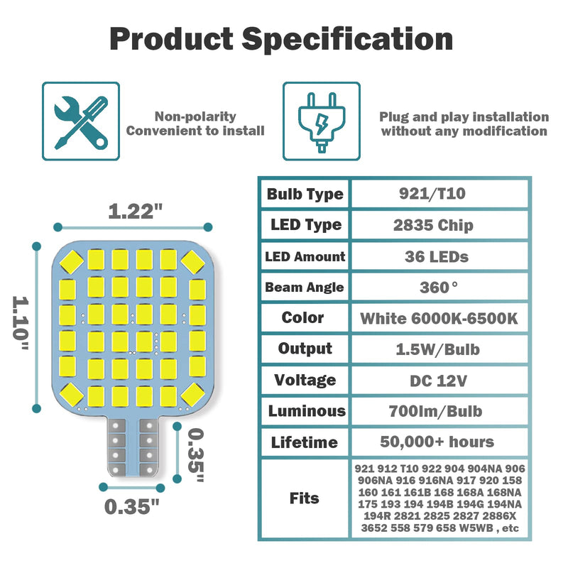 20PCS T10 921 922 912 194 RV Interior LED Light Bulbs, Super Bright LED Bulbs Replacement Lighting 36-SMD 2835 6500K White for 12V RV Camper Trailer Motorhome Boat Dome Car Marine Ceiling Indoor Light 20PCS Bright Cool White 6000K-6500K