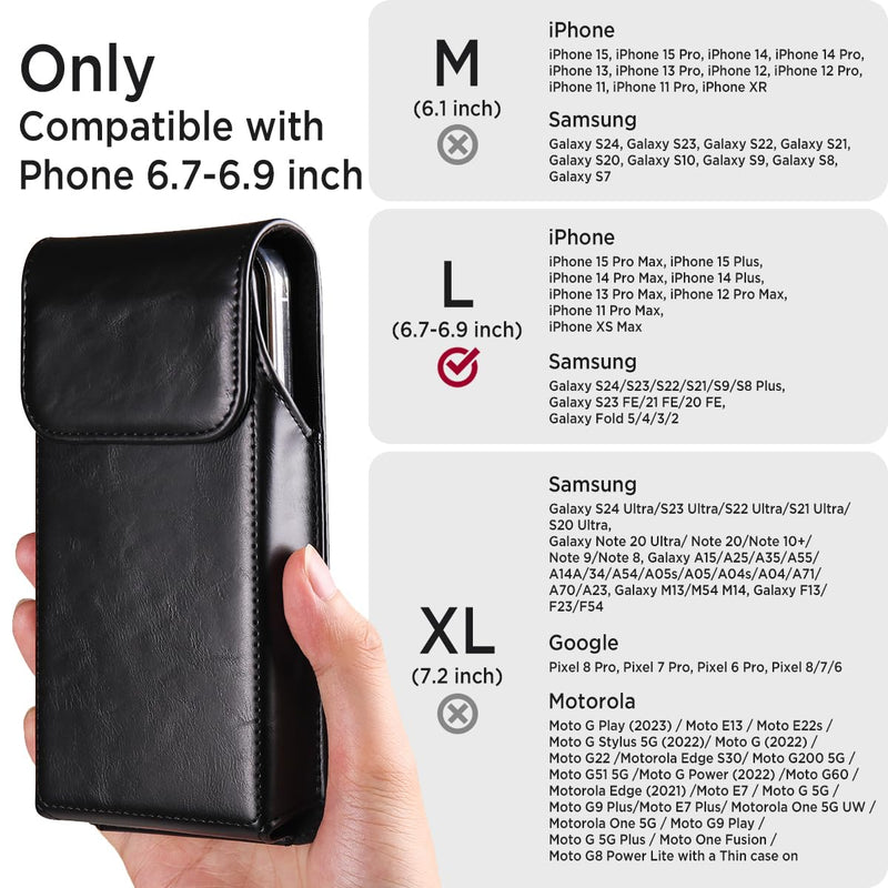 Miimall Leather Cell Phone Holster with Belt Clip, Phone Pouch for iPhone 15 Pro Max 15 Plus 14 Pro Max 13 Pro Max 12 Pro Max 11 Pro Max XS Max, Galaxy S24 Plus S23 Plus S22 Plus S21 Plus, Black-Large Large