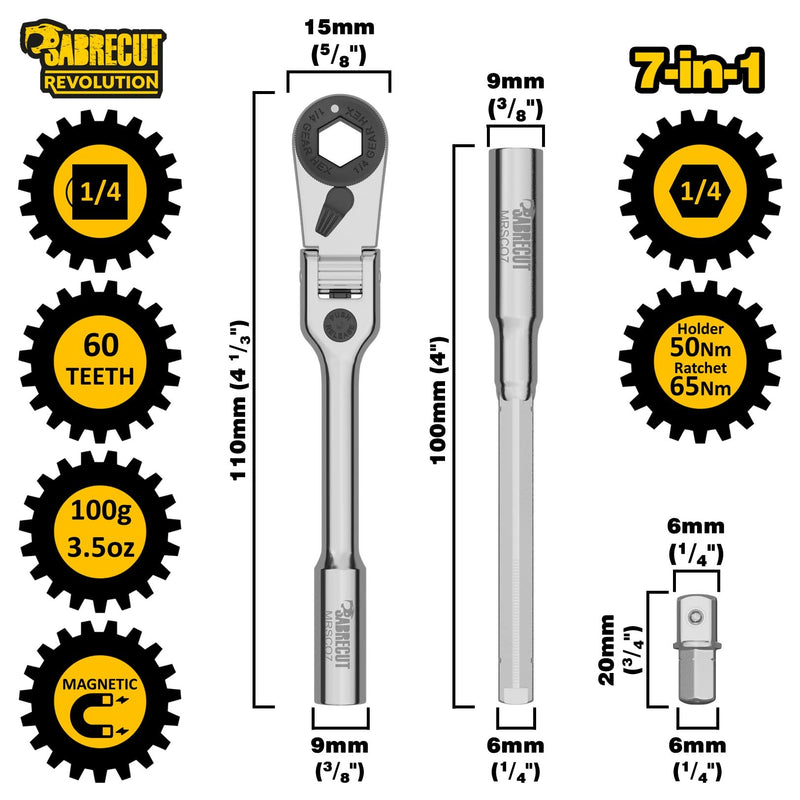 1 x SabreCut MRSC07 7-in-1 Flex Head 6.3mm 1/4" HEX Magnetic Mini Micro Ratchet with Extension Bar and 1/4" Square Drive Socket Adapter Stainless Steel Professional 60 Tooth Gear Hand Ratchet Wrench