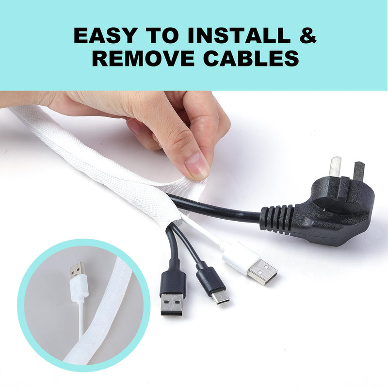 AGPTEK Cable Sleeve Cover, 10ft - 4/5inch, with 10 Fastening Cable Ties, Cord Management for Home Office Desk PC TV Computer Automotive Wire Loom Tubing Cord Protection Self-Wrapping, White 4/5" - 10ft