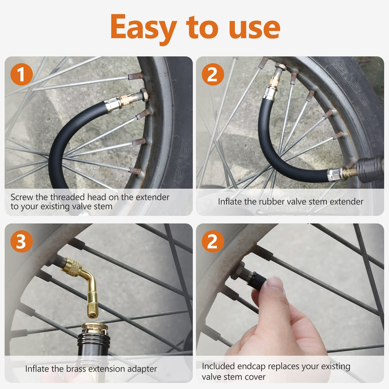 Tire Valve Extensions, 8.25 Inch Flexible Valve Stem Extenders with 90 Degree Brass Schrader Tire Valve Extension Adaptor Compatible for Cars Truck Motorcycle Bike Scooter 8.25'' 2PCS + 90° 2PCS
