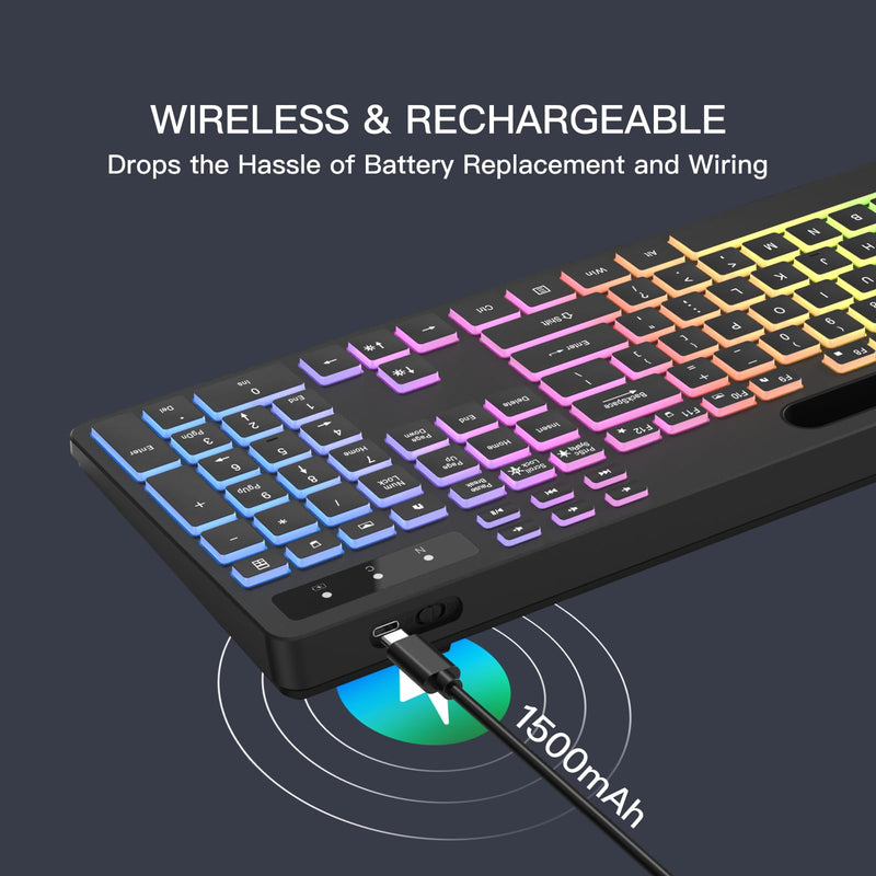 Wireless Keyboard with 7-Color RGB Backlit, Full-Size Computer Keyboard with Phone Tablet Holder, Rechargeable 2.4G Wireless Gaming Keyboard with Light Up Key, Compatible with Mac, Windows