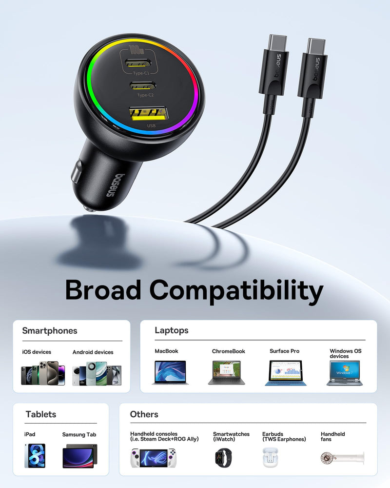 152.5W USB C Car Charger, Baseus Super Fast Charging 3 Ports Car Charger, PD3.0 QC4.0 Ultra Compact RGB Fast Type C Car PhoneCharger Adapter, for iPhone 17 16 15 14 Pro Max Samsung S24 MacBook iPad 152.5W with Cable