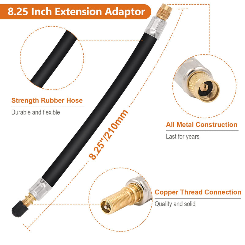 Tire Valve Extensions, 8.25 Inch Flexible Valve Stem Extenders with 90 Degree Brass Schrader Tire Valve Extension Adaptor Compatible for Cars Truck Motorcycle Bike Scooter 8.25'' 2PCS + 90° 2PCS