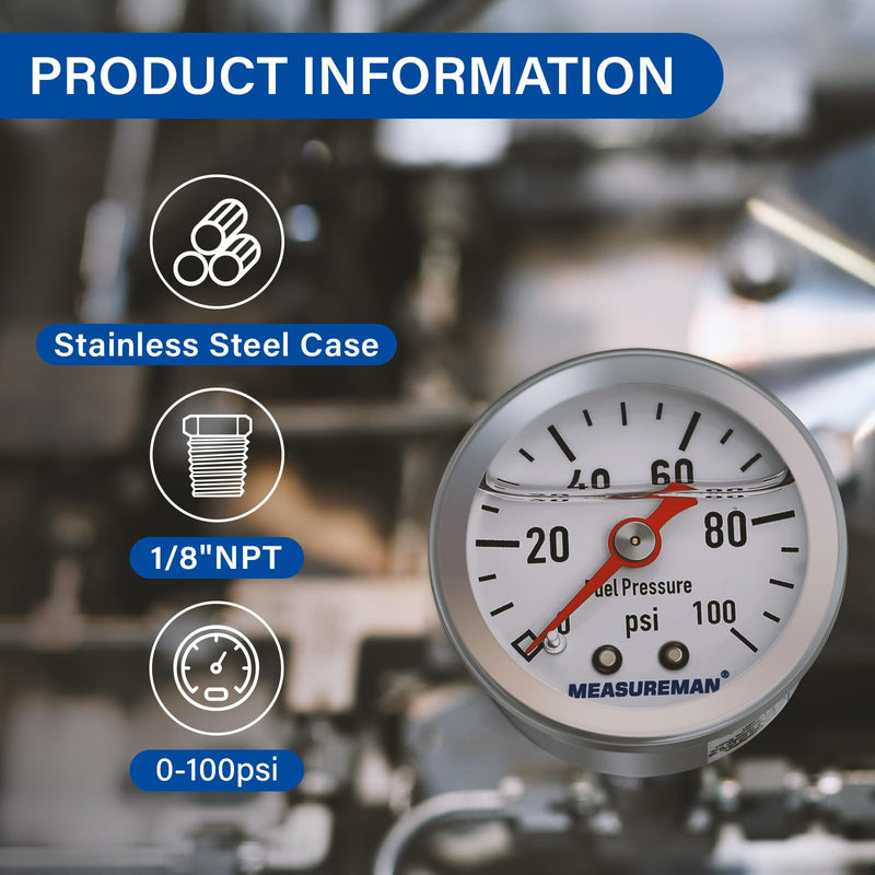 MEASUREMAN 1-1/2" Dial Size, Liquid Filled Fuel Pressure Gauge, 0-100Psi