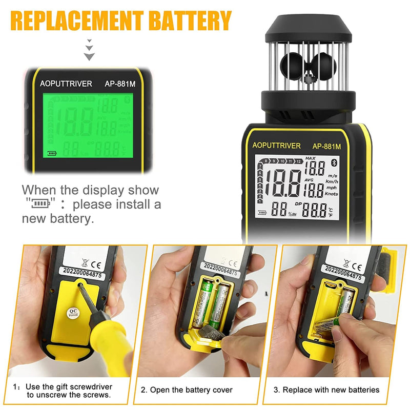 Digital Anemometer Handheld AP-881M Wind Gauge Anemometer with 360° Wind Direction Wind Cup Anemometer with Temp(℃/℉) Air Velocity Measurement Air Volume for HVAC Vents, Boat Sailing