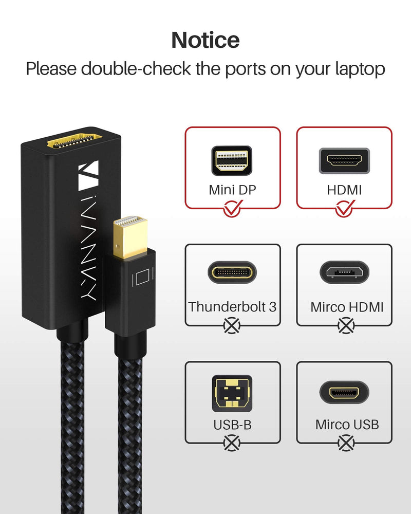 IVANKY 4K Active Mini DisplayPort to HDMI Adapter, 4K@60Hz, Thunderbolt 1&2 to HDMI [0.24m/0.65FT, Super Slim] Mini DP to HDMI Adapter for MacBook Air/Pro, Surface Pro/Dock/Book, Monitor, Projector 1 Pack-Black