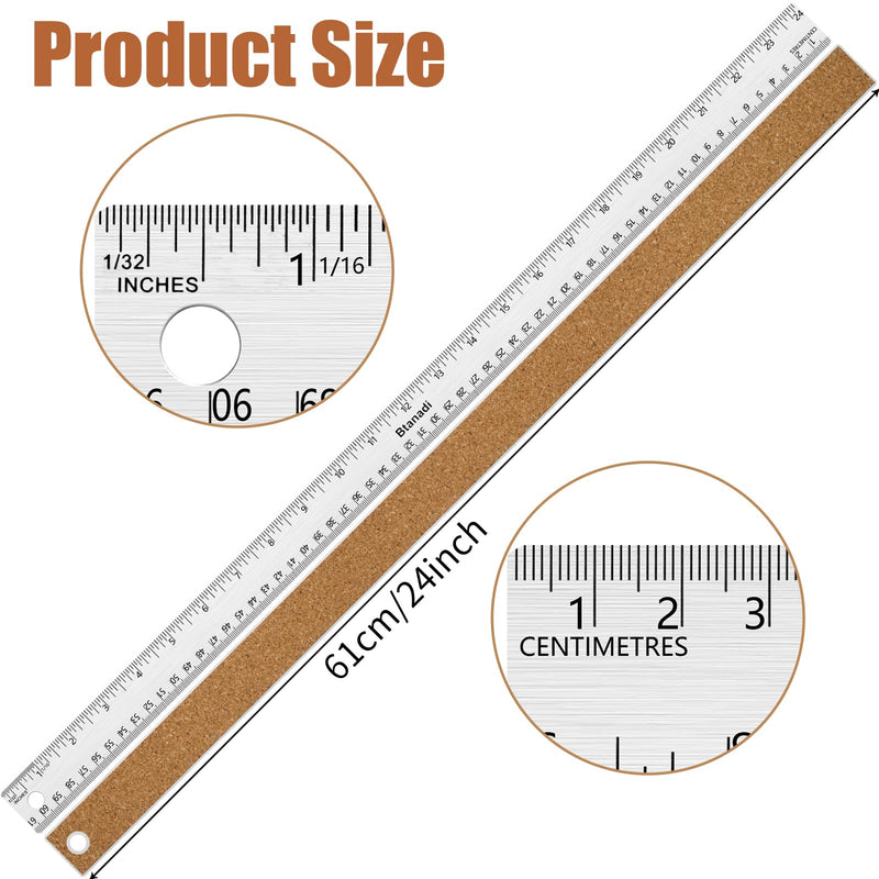 24 Inch Metal Ruler, Stainless Steel Straight Edge Ruler with Cork Backing, Non-Slip Imperial & Metric Measuring Tool for School, Office, Woodworking, Drafting 24"Single