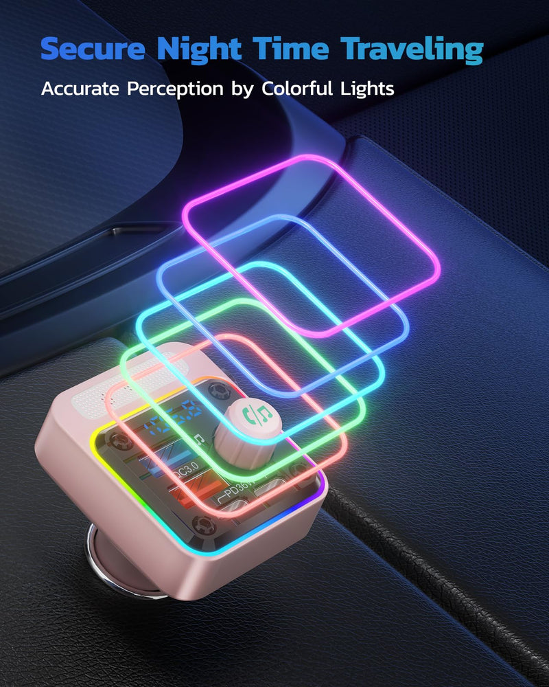 Nulaxy 54W Bluetooth 5.3 Car Adapter with 4 Charging Ports [PD 36W & QC3.0 18W], Wireless Radio FM Transmitter with Deep Bass Player & 5 Colors LED Backlit, Hands-Free Calling - NX16 Pink E-Pink