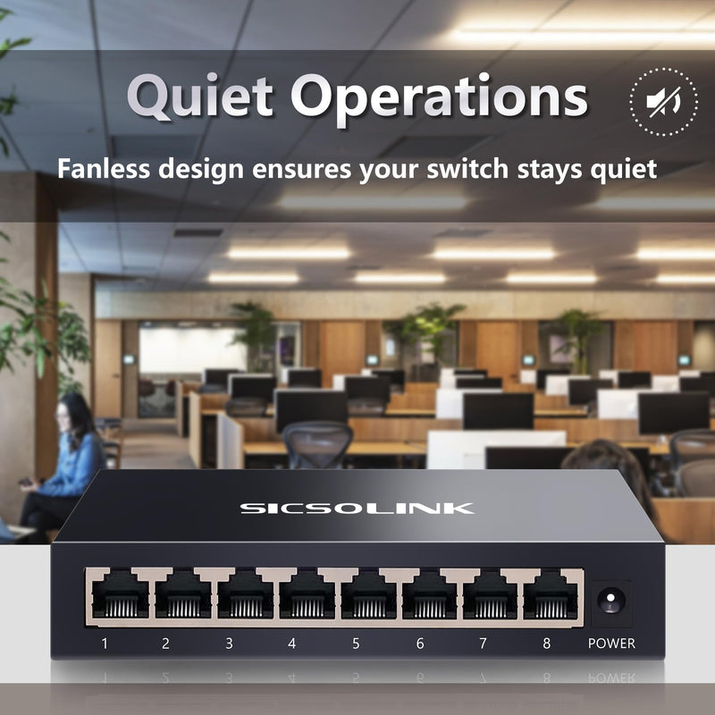 8 Ports Gigabit Unmanaged Ethernet Switch, Network Hub, Ethernet Splitter, Plug & Play, Fanless Metal Design, Traffic Optimization