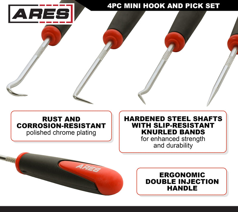 ARES 10034 – Mini Hook and Pick Set - 4-Piece Set Includes Angled, Straight, and Full Hooks and Picks - Hardened Steel Shafts - Easily Remove Hoses, O-Rings, and Gaskets 4-Piece Mini Hook/Pick Set