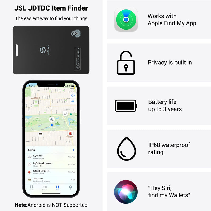 JSL JDTDC MFi Certified Thin-Wallet-Tracker Item-Finder Work with Apple Find My (iOS Only), Credit-Card-Wallet-Finder for Wallets,Passports, Luggage-Tracker, IP68 Waterproof,3-Year Battery Life,2 Pack 2 Pack Black