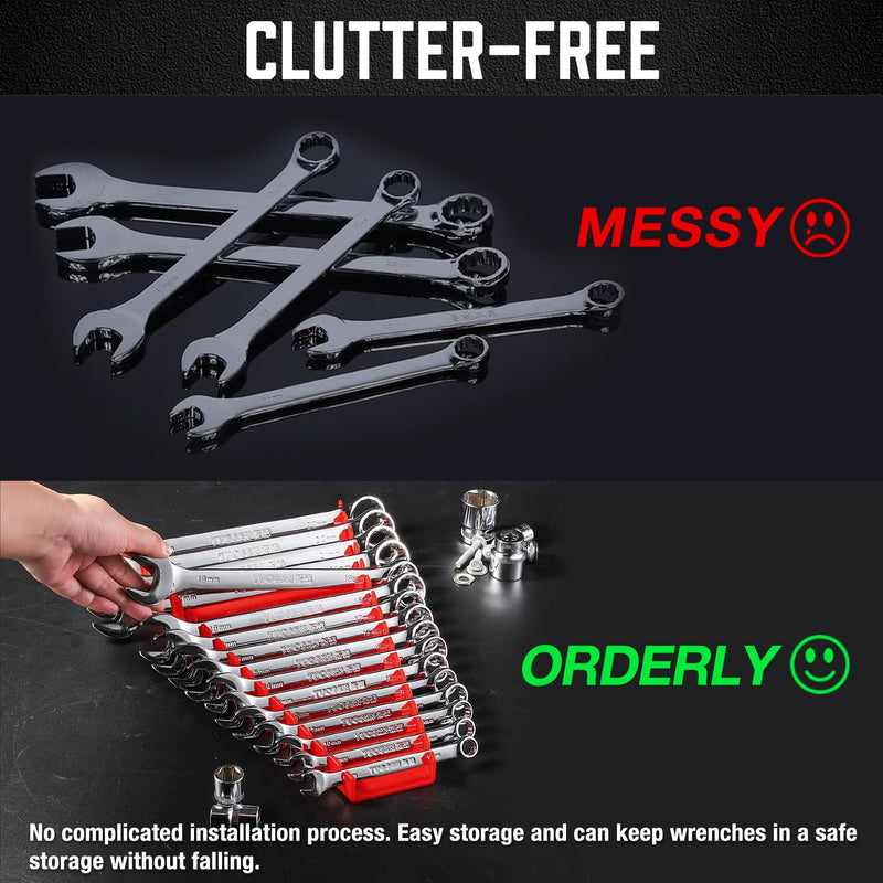 ALOANES 96-Slot ABS Plastic Wrench Organizer, Standard Hanging Wrench Organizer for Tool Box and Wall, Fit SAE & Metric Wrench Storage, 6 Pack Lightweight Wrench Holder(Red) Red 6Pack