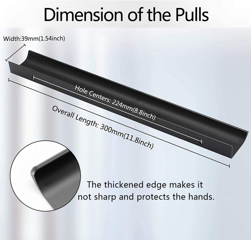 Black Back Mount Finger Edge Pull 300mm/11.8", Aluminum Hidden Handle Concealed Tab Pulls for Home Kitchen Living Room Door Drawer Cabinet (12Pcs) 300mm/11.8" - 12 PCS Black
