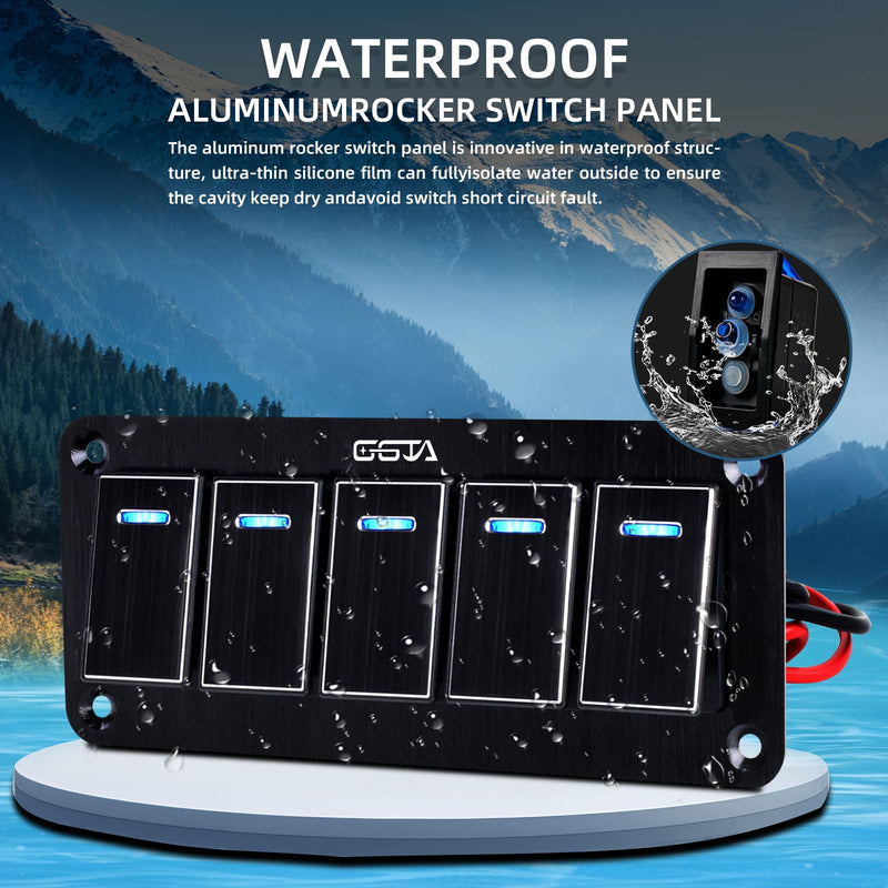 Rocker Switch Panel Waterproof,12v-24v Aluminum On/Off Waterproof Switch Panel for Boat ，Toggle Switch for Car Pickup Rv SUV Uvt ATV (5 Gang Black) Blue-Black G1 5 Gang