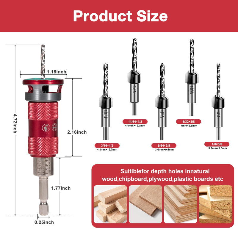 Countersink Drill Bit Set, 5 Pcs ﻿Two-Flute Semi-Automatic HSS M2 with Bearing Stopper, 82° Counterbores 1/4” Hex Shank Wood Countersink Bit Set for Wood, Plastic, Woodworking Semi-Automatic-5Pcs