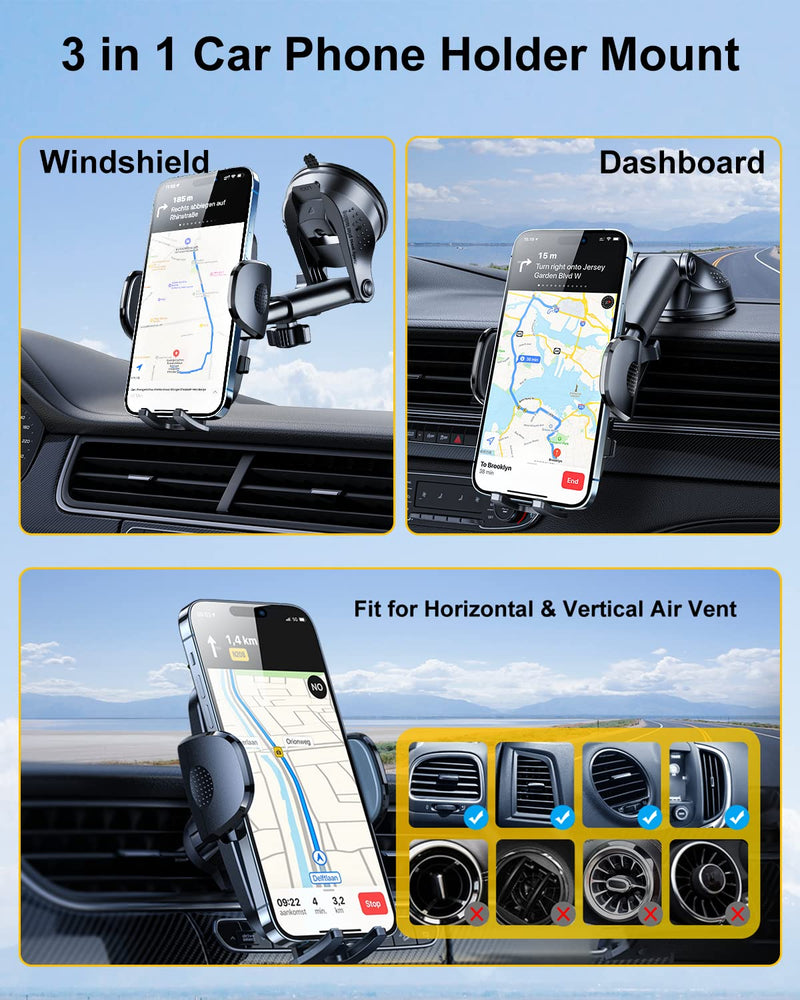 3-in-1 Phone Mount for Car [2024 Most Stable and Flexible Suction Cup] Vent Dashboard Windshield Cell Phone Holder Car Fit for iPhone 15 14 13 12 Pro Max Samsung S23 S22 S21 All Phone Black