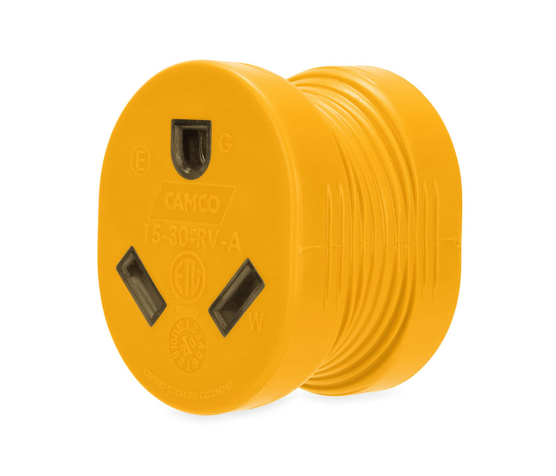 Camco PowerGrip Camper/RV Adapter | Features a 15-Amp Male (NEMA 5-15P) & 30-Amp Female (NEMA TT-30R) Connection | Rated for 125V/1875W (55223)