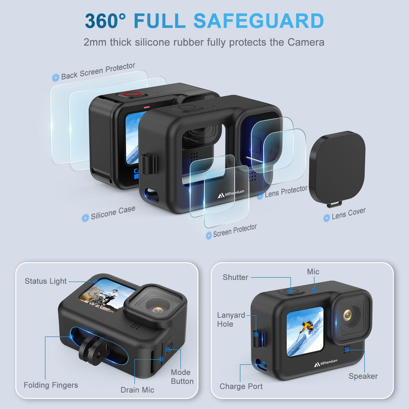 MiPremium Black Silicone Sleeve Case for GoPro Hero 12 11 10 9 Black Cameras with Battery Side Cover, Screen Protectors, Lens Caps & Lanyard – Complete Accessories & Protection Kit Bundle for Go Pro