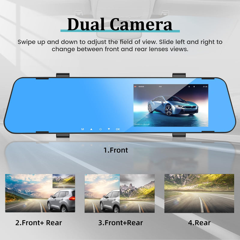 4.5 Inch Rear View Mirror Camera for Car with 64G TF Card, 1080P IPS Touch Screen/Loop Recording / 150° Wide Angel/Night Vision/G-Sensor/Parking Assistance