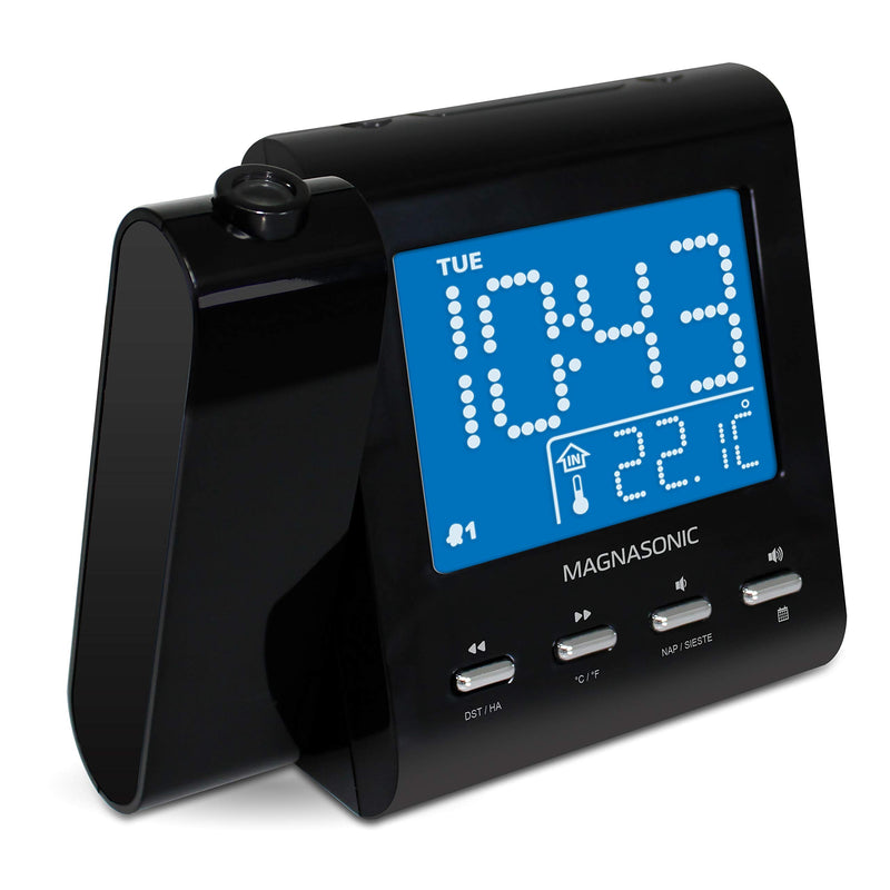 Magnasonic Projection Alarm Clock with AM/FM Radio, Battery Backup, Auto Time Set, Dual Alarm, Nap/Sleep Timer, Indoor Temperature/Date Display with Dimming & 3.5mm Audio Input - Black (EAAC601) Black Body