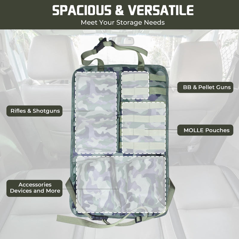 2PCS Tactical Car Concealed Seat Back Gun Rack,Hunting Gear Gun Sling Holder,Mount Organizer,with Molle Panel Seatback Cover Storage Bag for Rifles Shotgun,Fit Truck SUV MPV Pickup