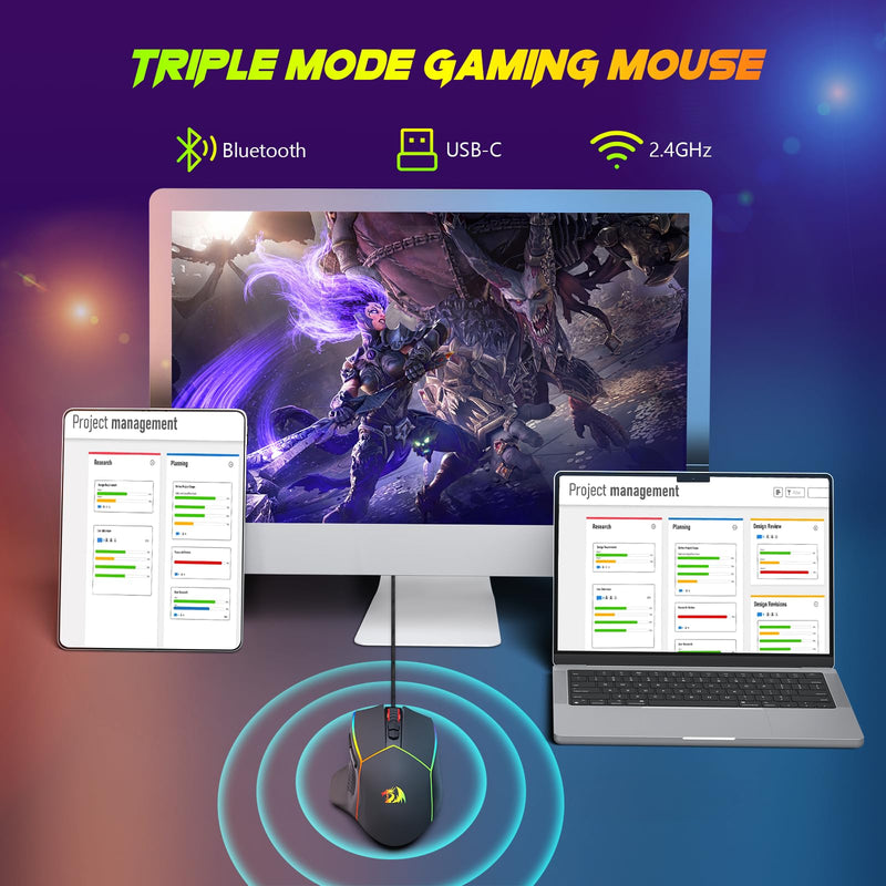 Redragon Wireless Gaming Mouse, Tri-Mode 2.4G/USB-C/Bluetooth Ergonomic Mouse Gaming, 8000 DPI, RGB Backlit, Fully Programmable, Rechargeable Wireless Computer Mouse for Laptop PC Mac, M814 M814-PRO
