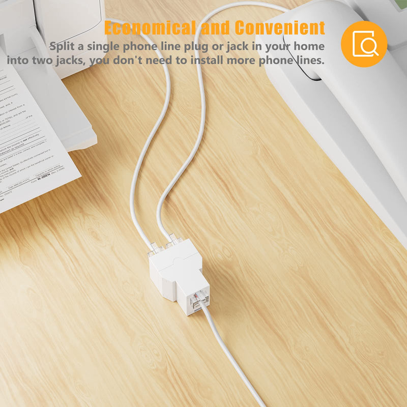 Uvital Phone Jack Splitter, Phone Line Splitter for Landline Telephone, RJ11 6P4C 1 Female to 2 Female Adapter, Comes with 4 Inch Cable(White,2 Pack) 2Pack White