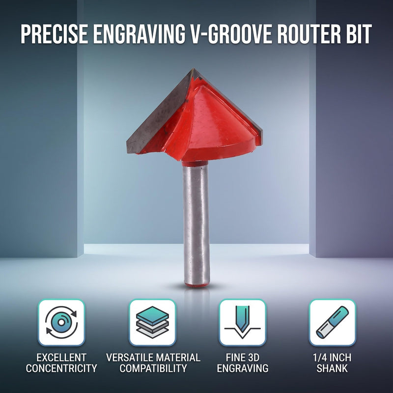 V Groove Cutter, V Shape Milling Wood Cutter Knife CNC Milling Cutter Tungsten Steel Engraving Machine Cutter 90 Degree 6 mm Shank 32 mm Cutter Diameter Engraving Red Router