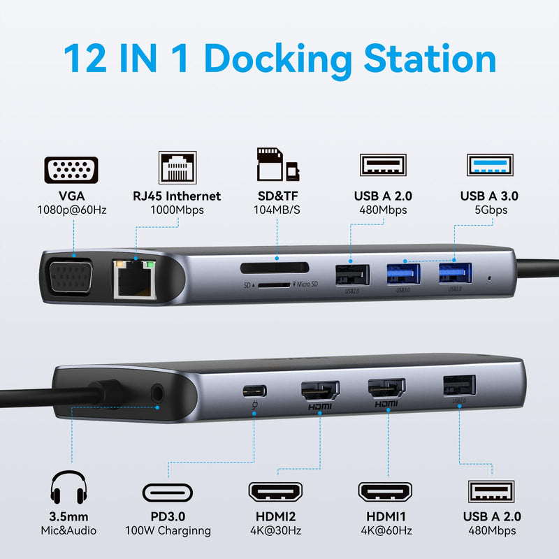 USB C Docking Station Dual Monitor, Dual HDMI Adapter 12 in 1 Triple Display USB C Hub with VGA, Gigabit Ethernet, 100W PD, 4 USB Ports, SD/TF