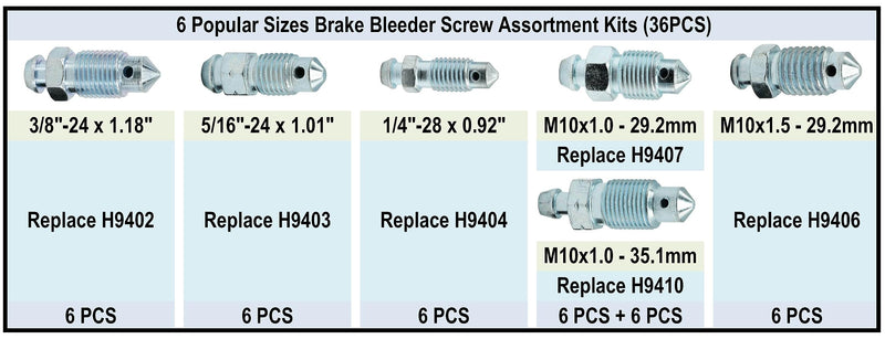 36 PCS Bleeder Valve,Brake Bleeder Screw Assortment Kit Replace H9402-6, H9403-6, H9404-6, H9406-6, H9407-6, H9410-6