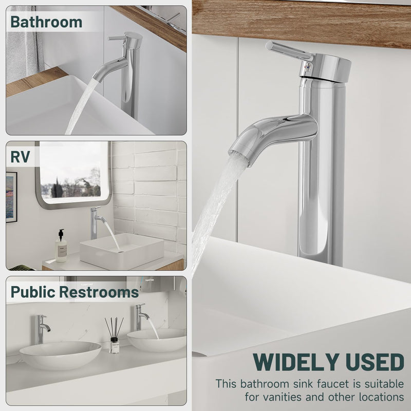 Chrome Bathroom Faucet, Greenspring Vessel Sink Faucet One Hole Single Handle Sink Faucets Modern Commercial Lavatory Vanity Bowl Faucets with Supply Line, Brass, Tall Body Chrome High-No Drain Set