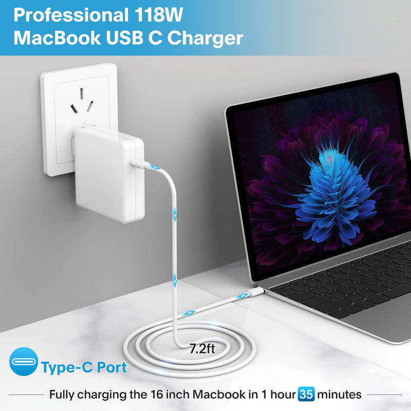 Mac Book Pro Charger - 118W USB C Fast Charger Power Adapter Compatible with USB C Port MacBook Pro/MacBook Air 16 15 14 13 Inch, New iPad Pro and All USB C Device, Included 7.2ft USB C Charge Cable White