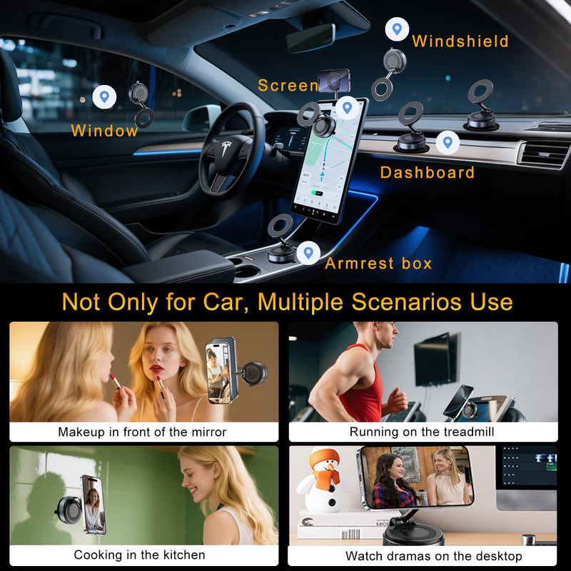 Vacuum Magnetic Suction Phone Holder, Foldable Hands-Free Suction Cup Phone Mount for Car/Gym/Mirror/Smooth Surface, 360° Adjustable Car Phone Holder for Magsafe iPhone 17 Pro Max Air Black