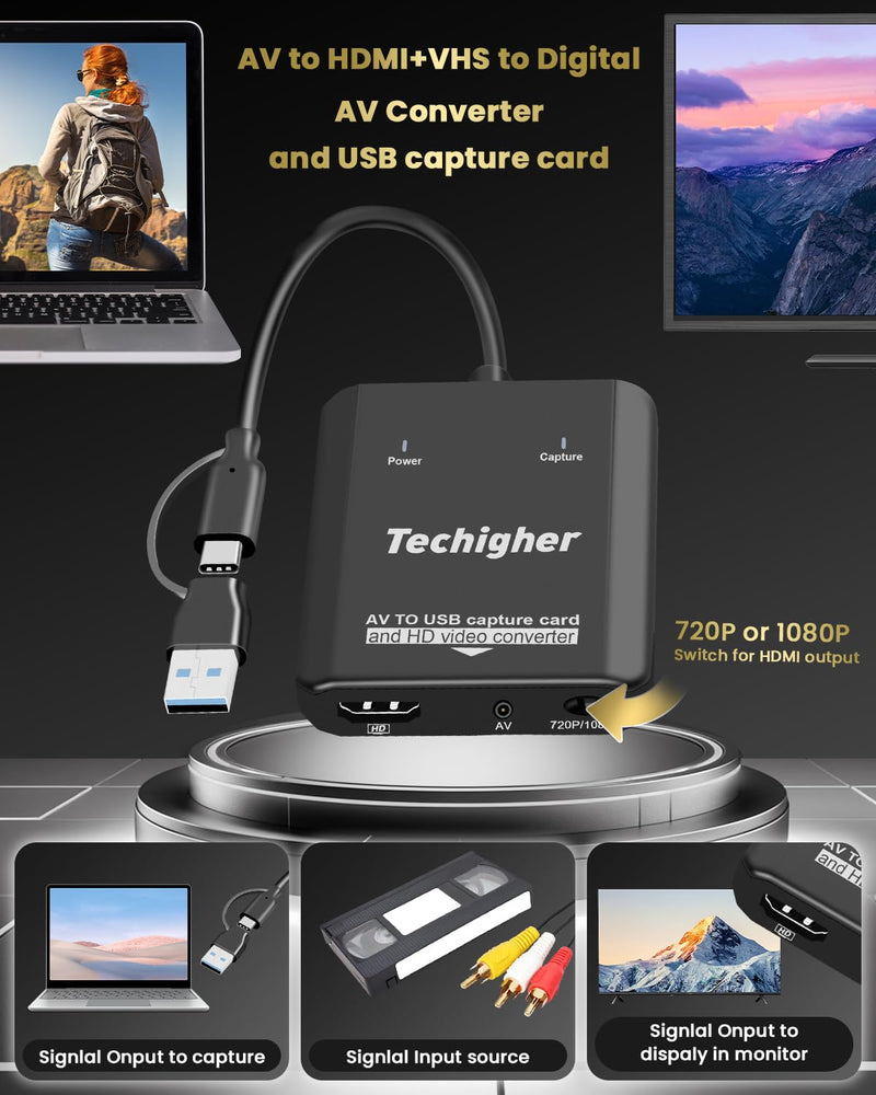 VHS to Digital Converter & RCA to HDMI Adapter USB Video Capture Card for VCR/DVD/AV/PS2/Wii,av to hdmi Converter Analog to Digital & HD Display Output, wii hdmi Adapter,Save/Convert OldVideo VHS CAP/Converter
