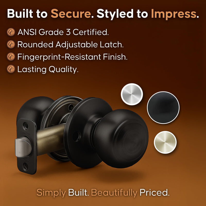 Copper Creek Colonial Passage Interior Door Knob – ANSI Grade-3 Certified, Modern Heavy Duty Handle, Easy Install and Reversible for Bedroom, Bathroom and Closets – Matte Black (2 Pack) 2 Pack