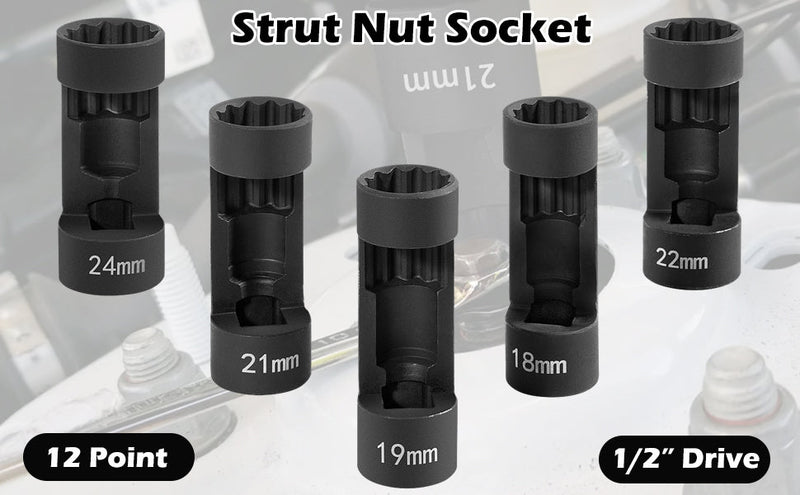 5pcs Strut Nut Socket 18mm 19mm 21mm 22mm 24mm with 12 Point 1/2" Drive, Suspension Strut Nut Socket Tool Easy Remove Strut Nuts