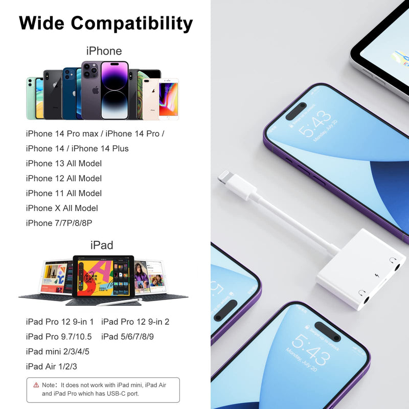 3 in 1 Dual 3.5mm Headphone Jack Adapter - Earphone Jack Audio and Charging Adapter - Headphone Splitter for iPhone 14/13/ 12/11/ X/ 8/ iPad -Support iOS 13- White