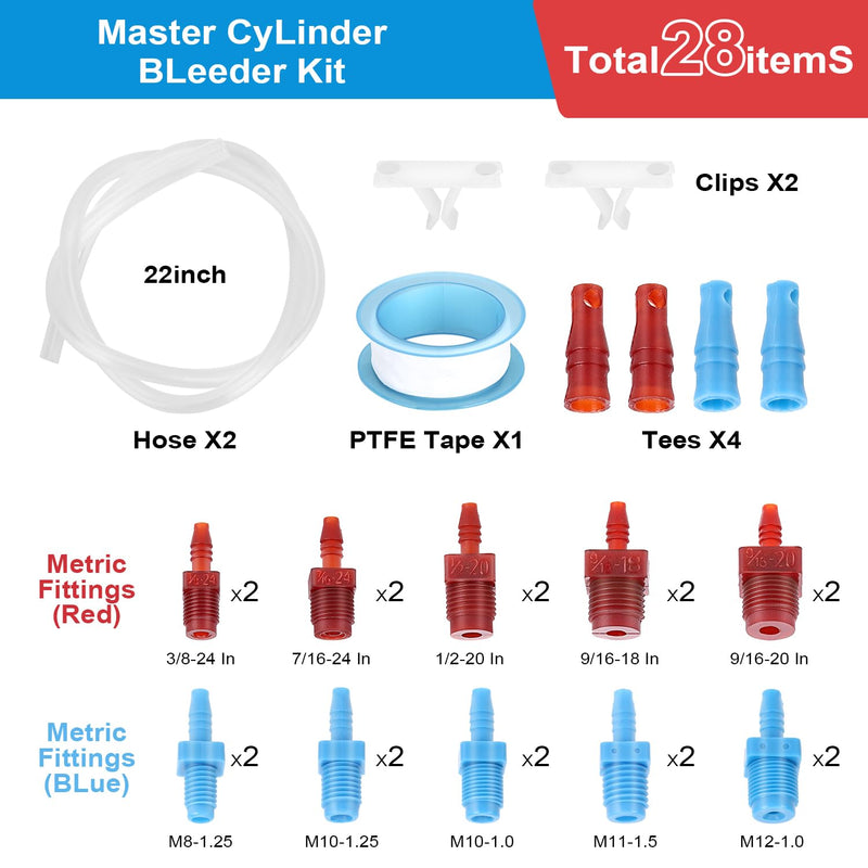 Master Cylinder Bleeder Kit Replacement for 14151, Brake Bleeding Kit, Imperial and Metric Connection Fittings, 22" Hose x2, Clamp x2, with PTFE Tape, Coolant Bleeder Tools Kit