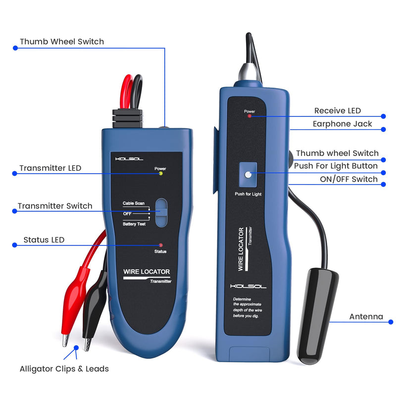 Underground Wire Locator, Cable Tester F02 Pro for Locate Wires, Locate Control Wires Cables Pet Fence Wires, up to 3 Feet Deep 1640 Feet Length, Equiped with Rechargeable 1100mAh Battery Blue