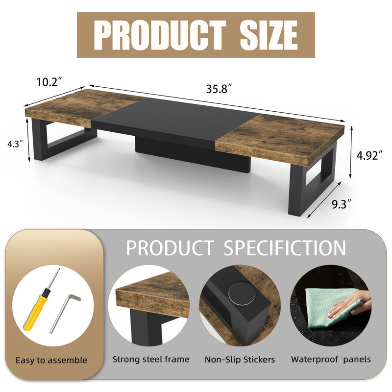 WESTREE Dual Monitor Stand Riser, Wood and Steel Multi-Purpose Desktop Storage Stand for 2 Monitors for Computer, Laptop, Printer, TV, Rustic Brown Large