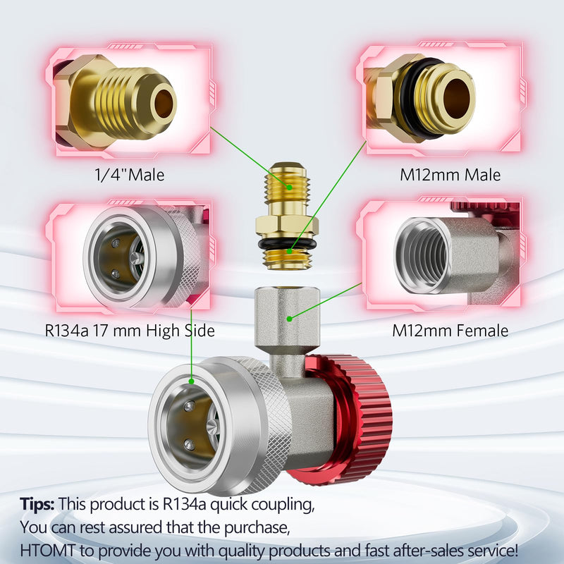 R134a Quick Coupler Adapter, Adjustable R134a Adapters, Quick Connectors for Car AC Systems, HP and LP Fittings for Evacuation and Recharging, 1/4" Flares, Set of 2