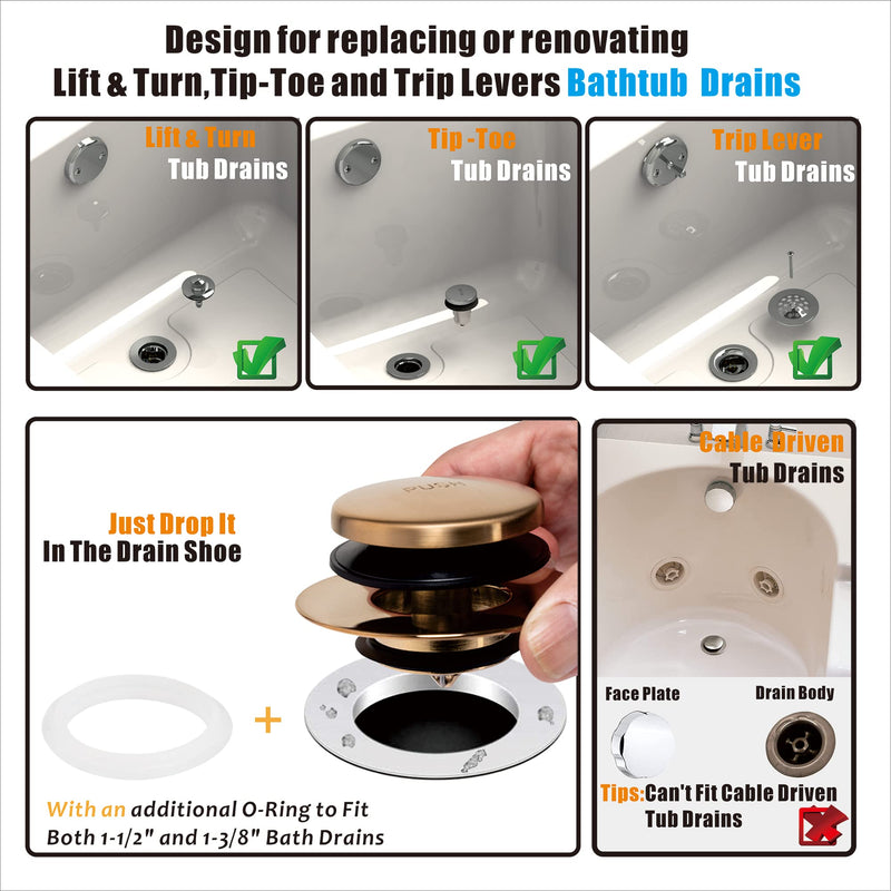Champagne Bronze Universal Tub Drain Tip Toe Tub Conversion Kit Assembly, Artiwell EZ Installation Bathtub Drain Replacement Trim Kit with 1-Hole Overflow Face Plate and Pop-Up Tub Stopper Champagne Bronze