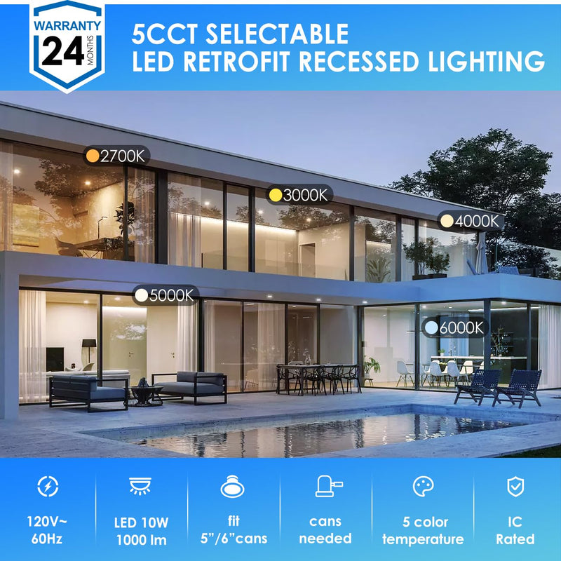 ANWIO Recessed Lighting 6 Inch 5CCT 1000LM High Brightness Flat Retrofit LED Recessed Lights Can Needs, 2700/3000/4000/5000/6000K Selectable Can Lights 10W CRI 80+ Dimmable E26 IC Rated & ETL 5 Pack White 6inch-5pack
